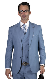 Qualitique Collection: Steel Blue 3PC Modern Fit Suit with Double Breasted Vest