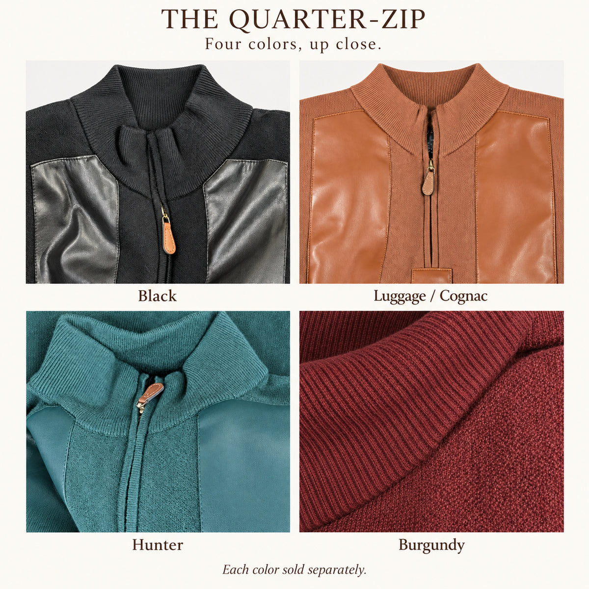 Quarter-zip sweater details in Black, Luggage/Cognac, Hunter and Burgundy; each color sold separately