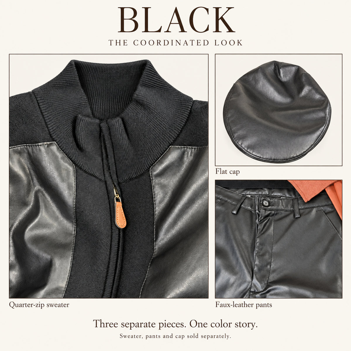 Black Montique quarter-zip sweater, faux-leather pants and flat cap, sold separately