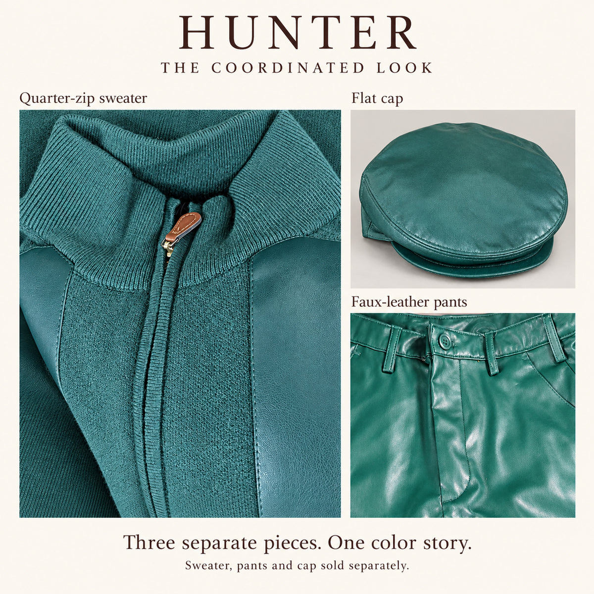 Hunter Montique quarter-zip sweater, faux-leather pants and flat cap, sold separately