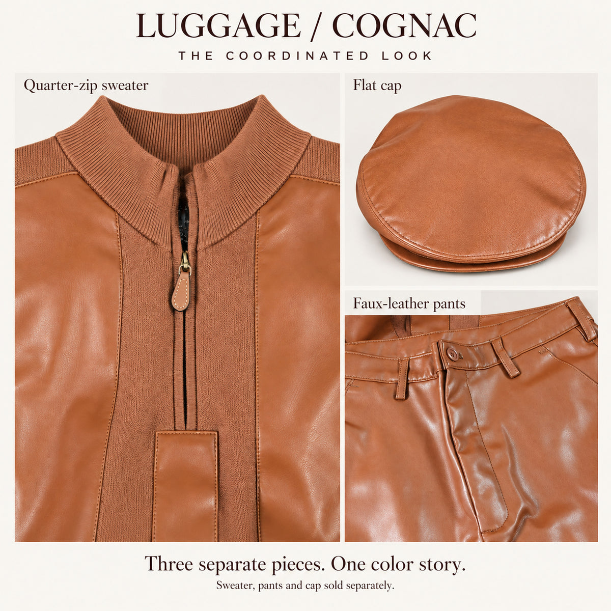 Luggage / Cognac Montique quarter-zip sweater, faux-leather pants and flat cap, sold separately