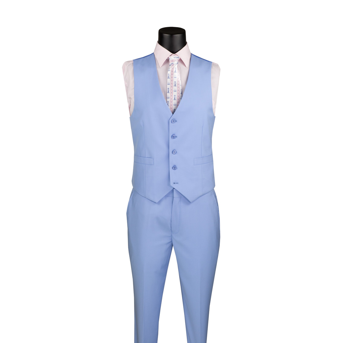 Light blue V-neck button-front vest with matching trousers, shown without the suit jacket.