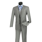 Medium gray three-piece suit with a notch-lapel jacket, matching vest and trousers, front view.