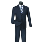 Navy three-piece suit with a notch-lapel jacket, matching vest and trousers, front view.