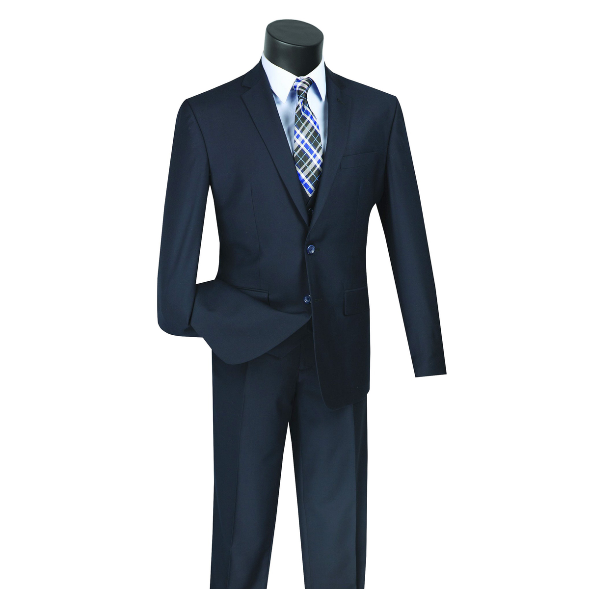 Navy three-piece suit with a notch-lapel jacket, matching vest and trousers, front view.