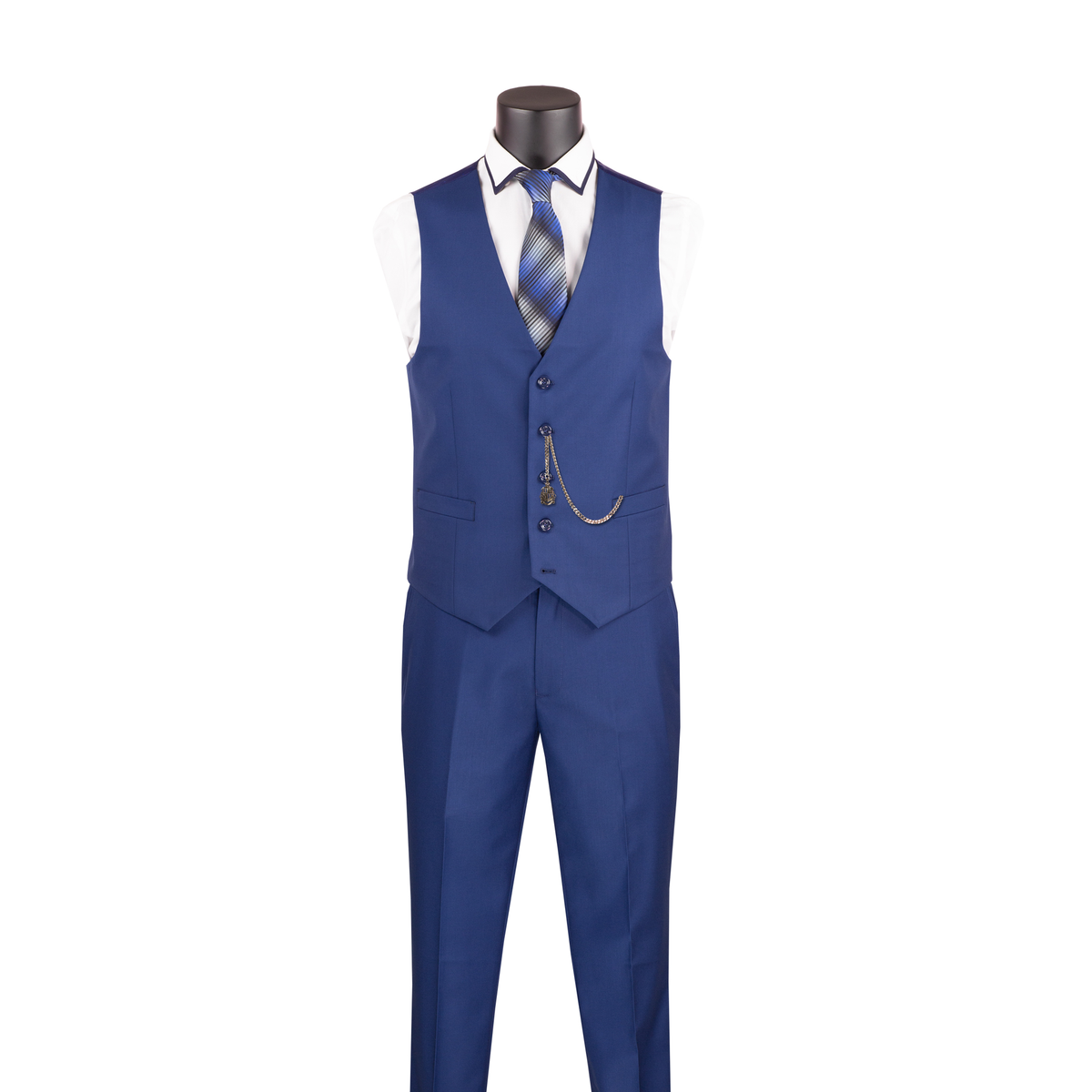 Twilight blue V-neck button-front vest with matching trousers, shown without the suit jacket.