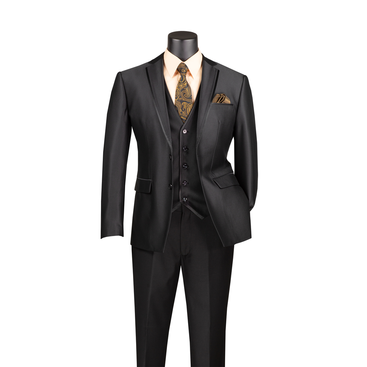 Black satin-look three-piece suit with notch lapels, a matching vest and trousers, front view.