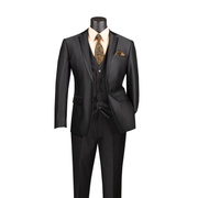Men’s 3-Piece Satin Look Slim Fit Suit with Fancy Vest - Black
