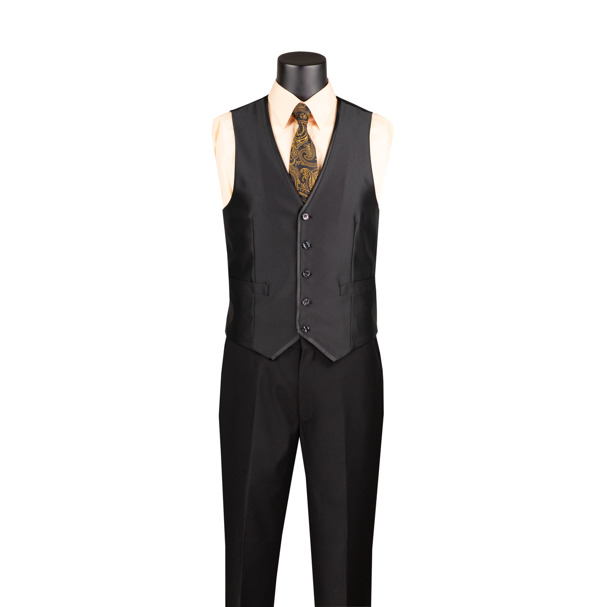 Black satin-look V-neck vest with matching trousers, shown without the suit jacket.