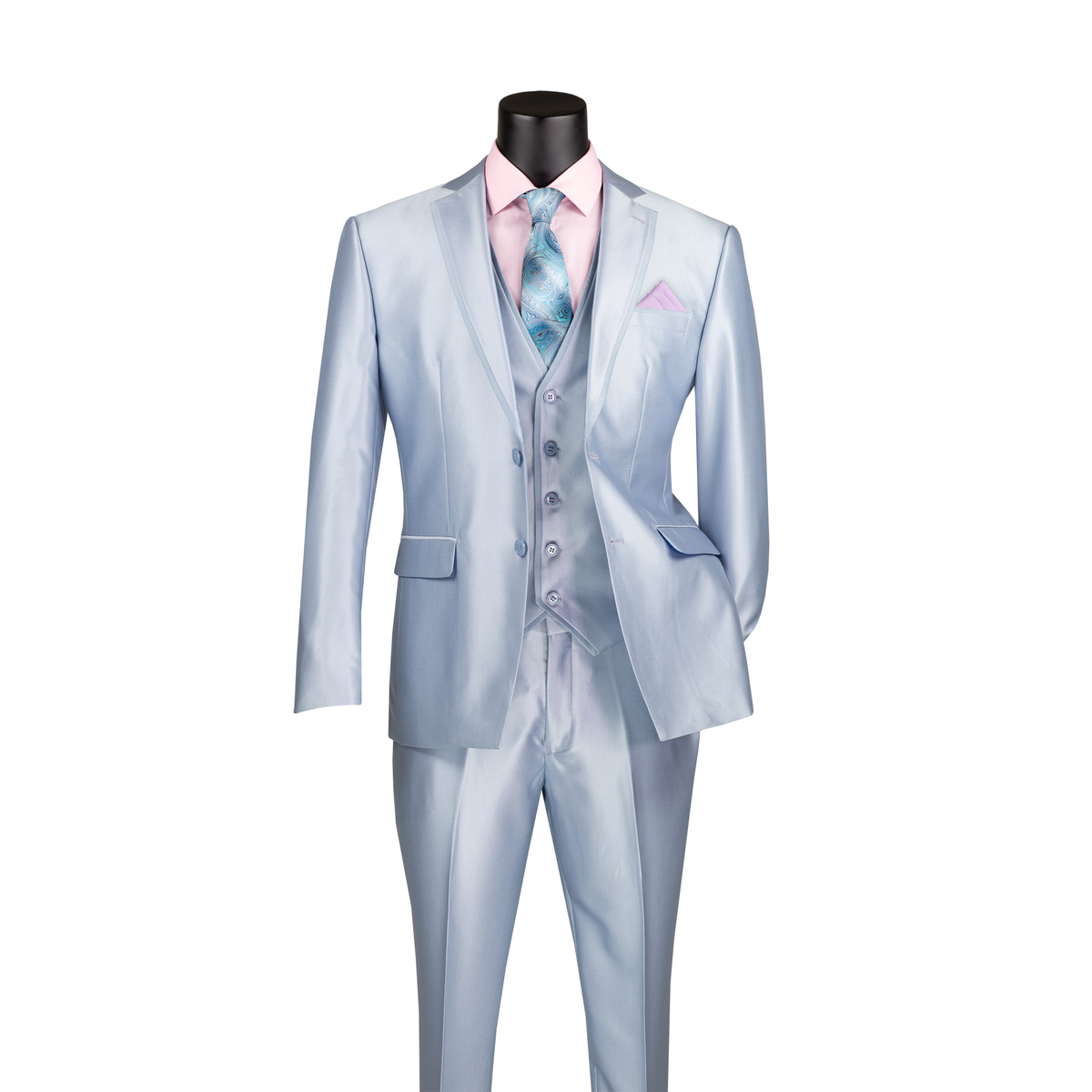 Ice blue satin-look three-piece suit with notch lapels, a matching vest and trousers, front view.