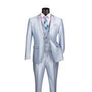 Men’s 3-Piece Satin Look Slim Fit Suit with Fancy Vest - Ice Blue