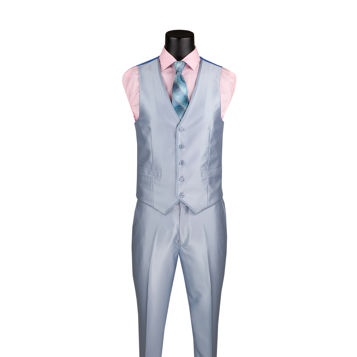 Ice blue satin-look V-neck vest with matching trousers, shown without the suit jacket.