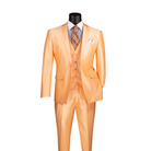 Melon orange satin-look three-piece suit with notch lapels, a matching vest and trousers, front view.