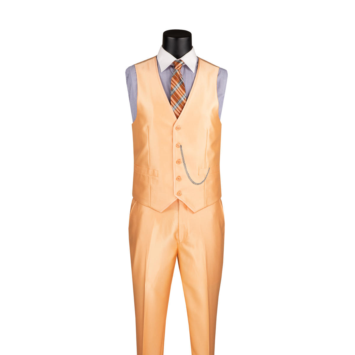 Melon orange satin-look V-neck vest with matching trousers, shown without the suit jacket.