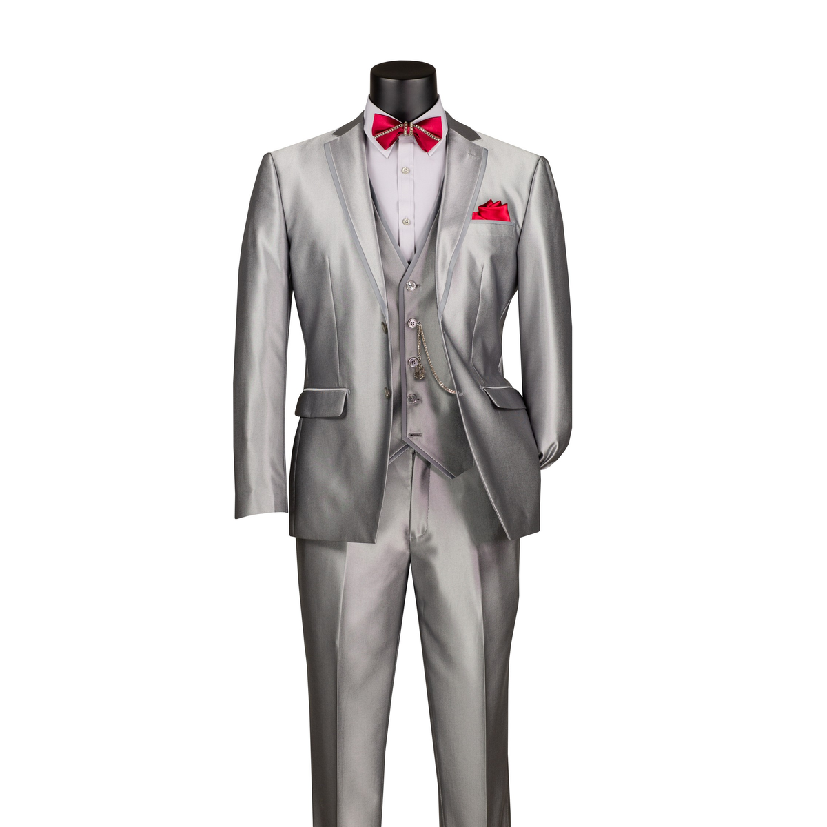 Silver satin-look three-piece suit with notch lapels, a matching vest and trousers, front view.