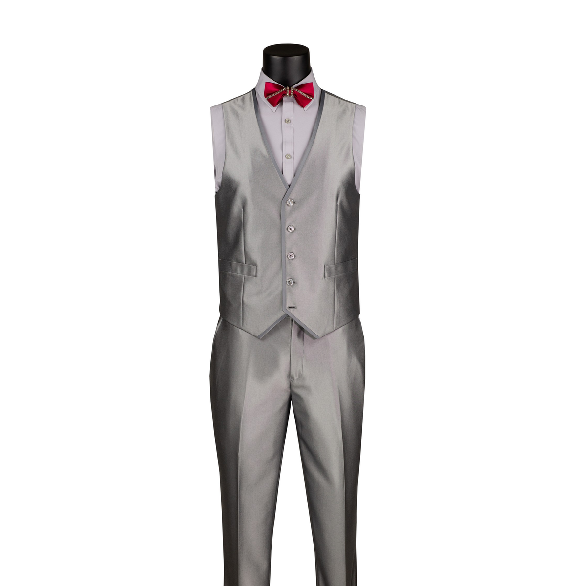 Silver satin-look V-neck vest with matching trousers, shown without the suit jacket.