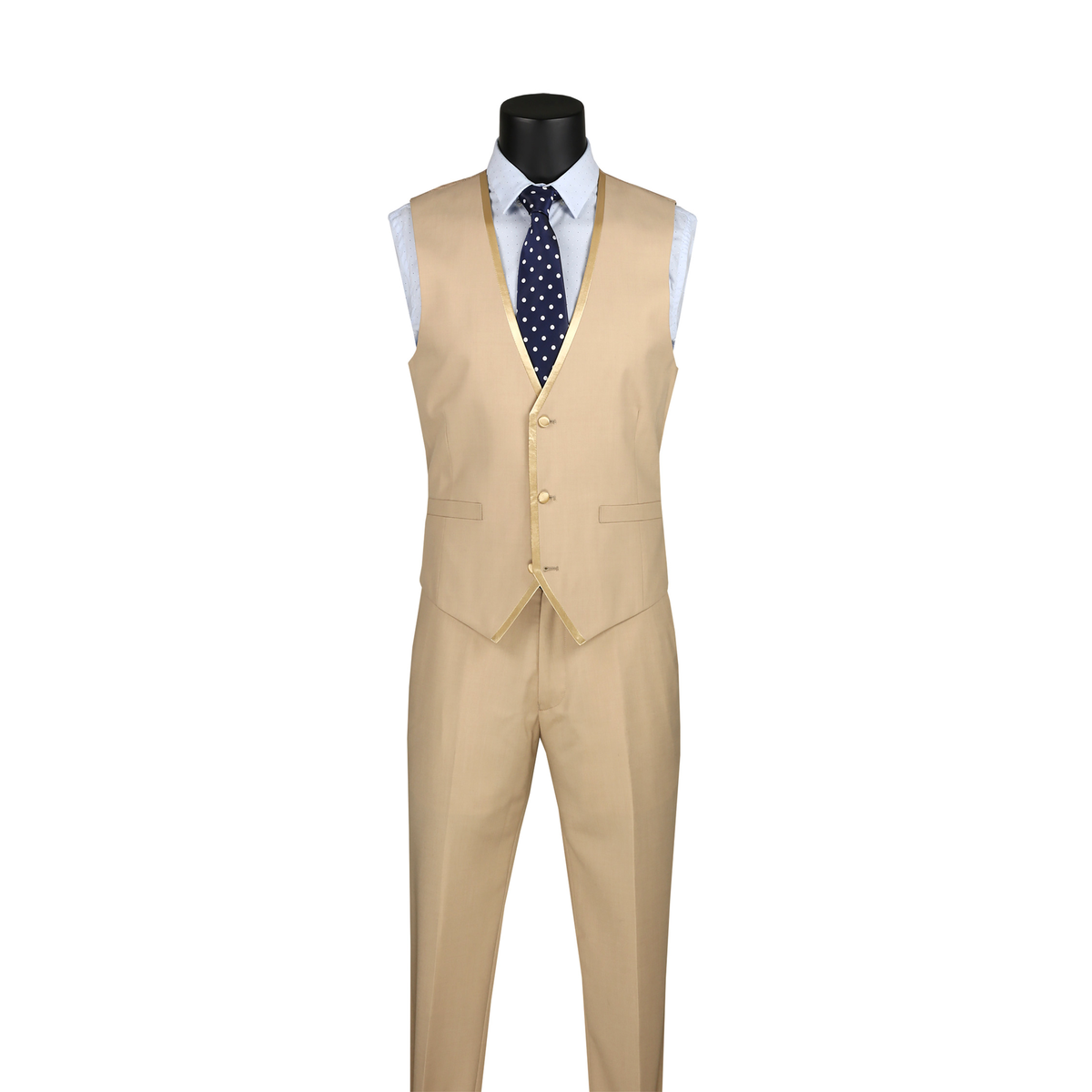 Beige V-neck button-front vest with matching trousers, shown without the suit jacket.