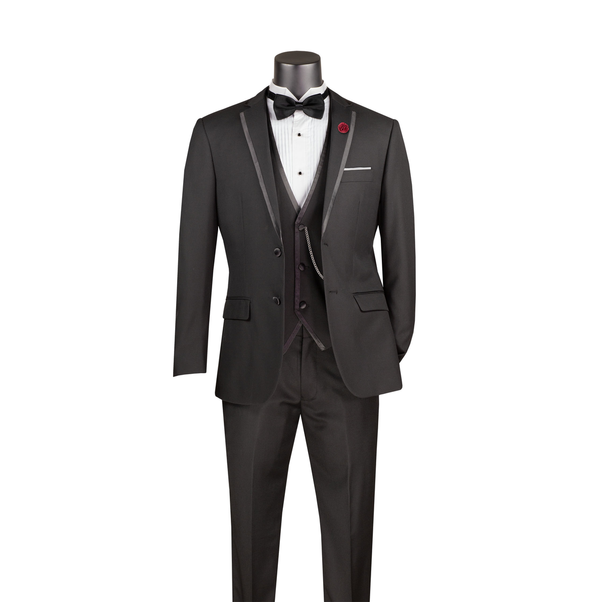 Black three-piece suit with satin-trimmed notch lapels, matching vest and trousers, front view.