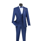 Blue three-piece suit with satin-trimmed notch lapels, matching vest and trousers, front view.