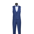 Blue V-neck button-front vest with matching trousers, shown without the suit jacket.