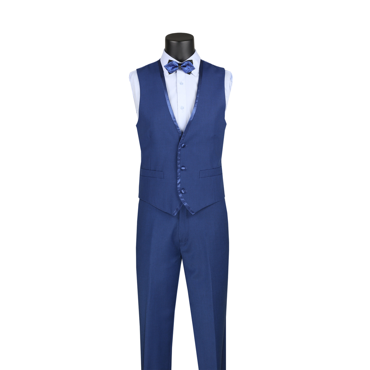 Blue V-neck button-front vest with matching trousers, shown without the suit jacket.
