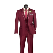 Burgundy 3-Piece Satin Trimmed Lapel Single Breasted Slim Fit Suit
