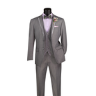 Light grey three-piece suit with satin-trimmed notch lapels, matching vest and trousers, front view.