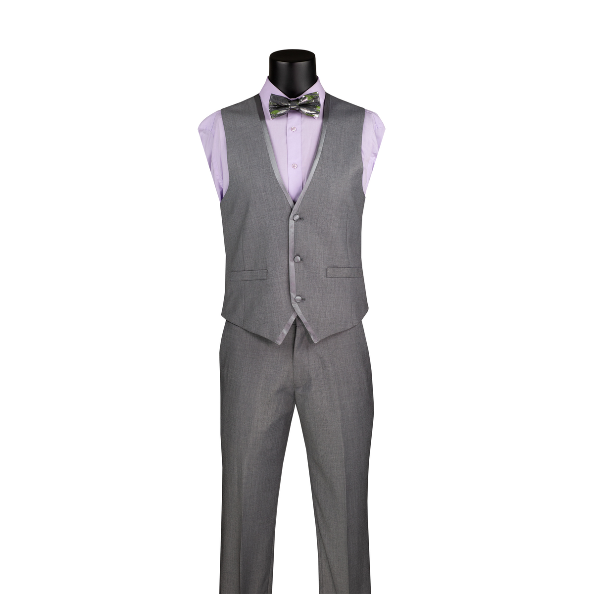Light grey V-neck button-front vest with matching trousers, shown without the suit jacket.