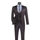 Black Glen plaid three-piece suit with peak lapels, a double-breasted vest and matching trousers, front view.