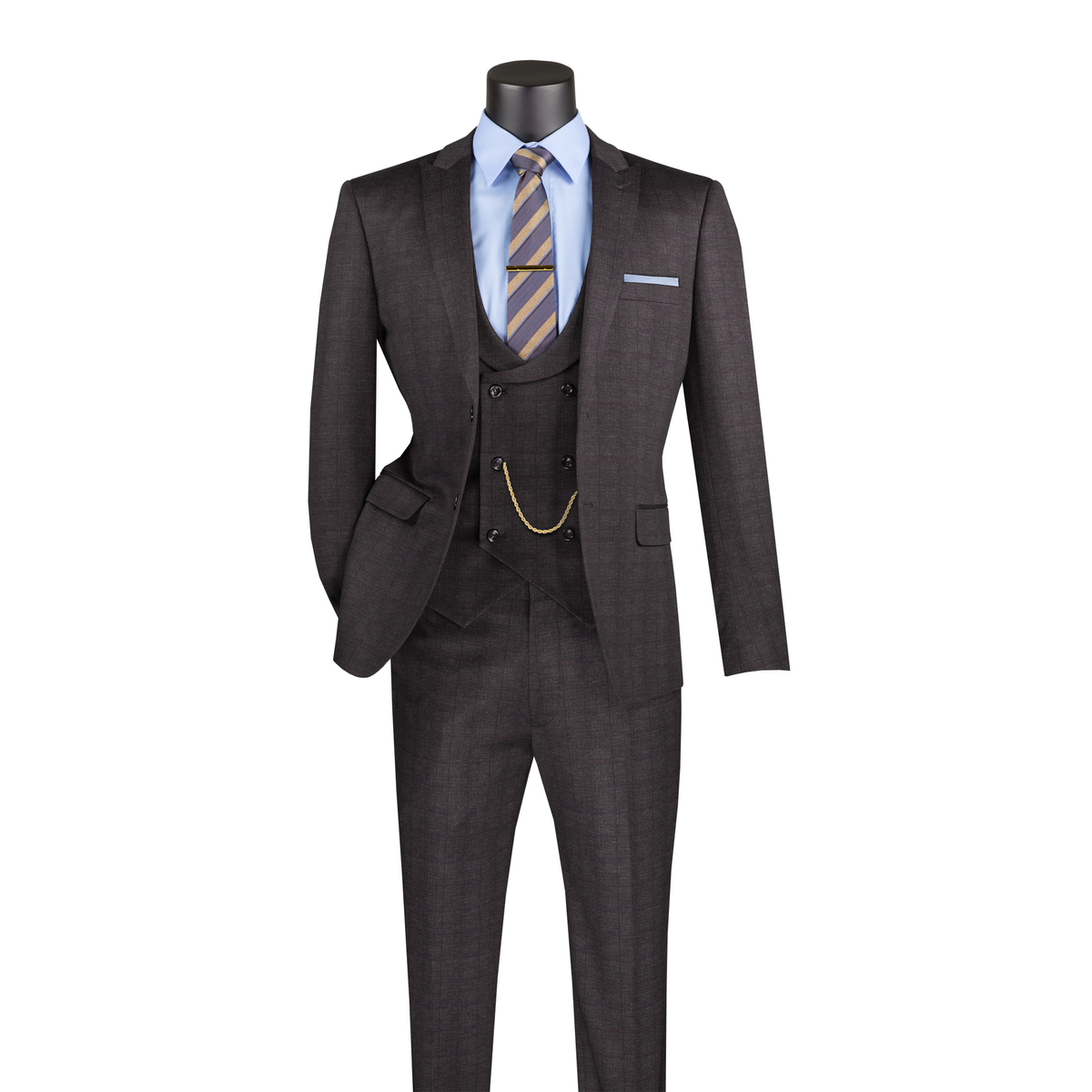 Black Glen plaid three-piece suit with peak lapels, a double-breasted vest and matching trousers, front view.