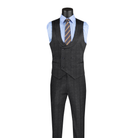 Black Glen plaid double-breasted vest with a rounded neckline and matching trousers, front view.