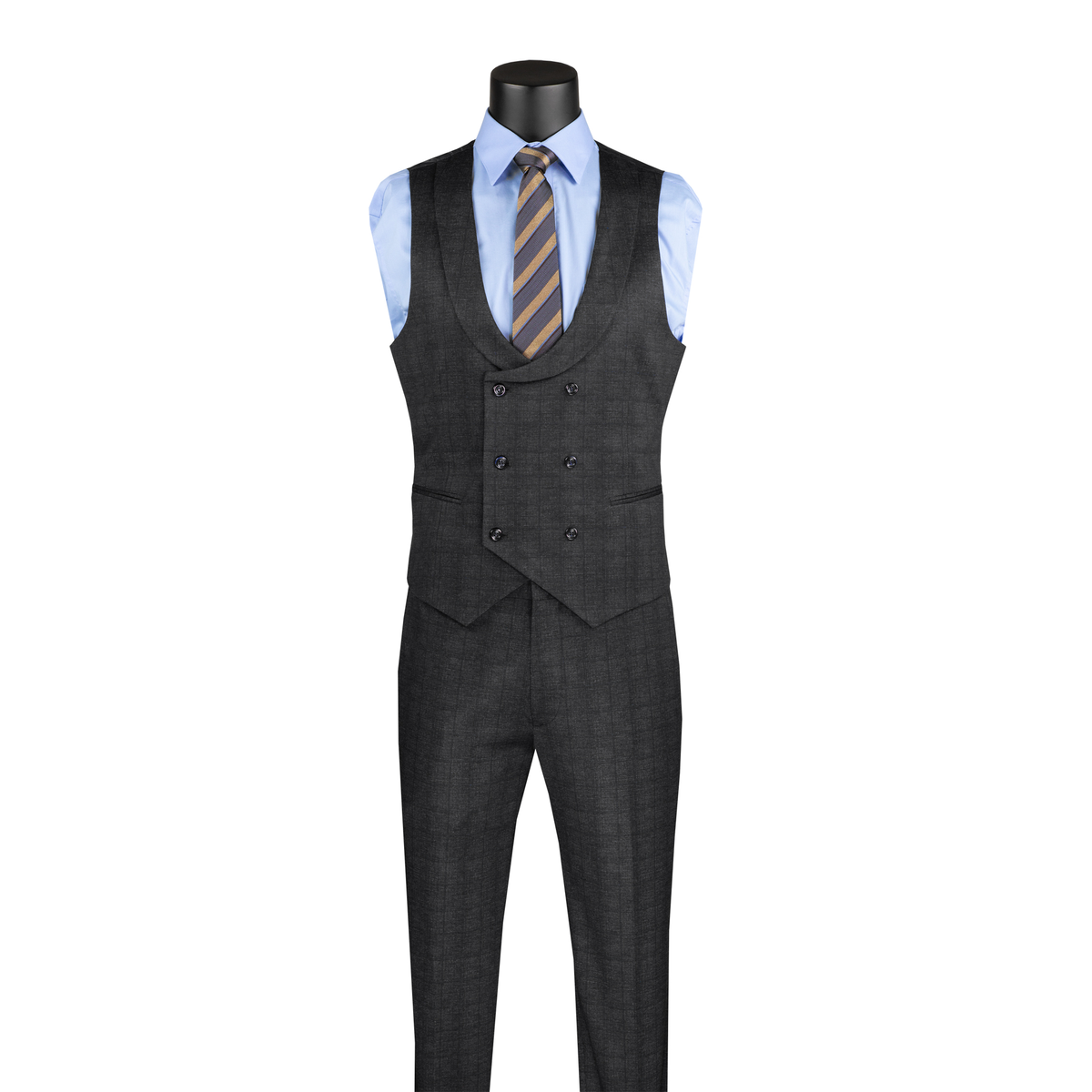 Black Glen plaid double-breasted vest with a rounded neckline and matching trousers, front view.