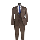 Brown Glen plaid three-piece suit with peak lapels, a double-breasted vest and matching trousers, front view.