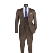 Men’s 3-Piece Slim Fit Glen Plaid Suit with Peak Lapel Vest - Brown