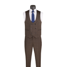 Brown Glen plaid double-breasted vest with a rounded neckline and matching trousers, front view.