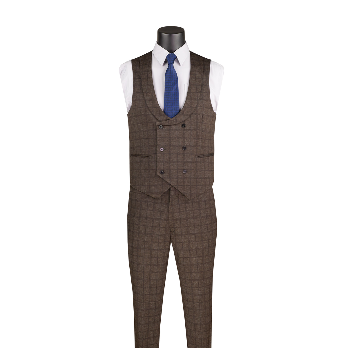 Brown Glen plaid double-breasted vest with a rounded neckline and matching trousers, front view.