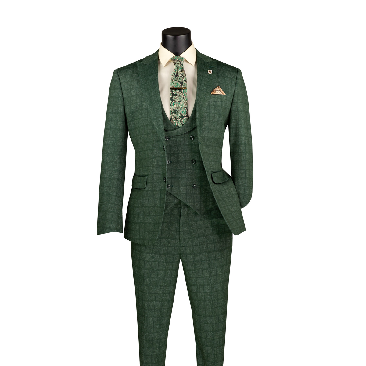Green Glen plaid three-piece suit with peak lapels, a double-breasted vest and matching trousers, front view.
