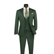 Men’s 3-Piece Slim Fit Glen Plaid Suit with Peak Lapel Vest - Green