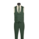 Green Glen plaid double-breasted vest with a rounded neckline and matching trousers, front view.