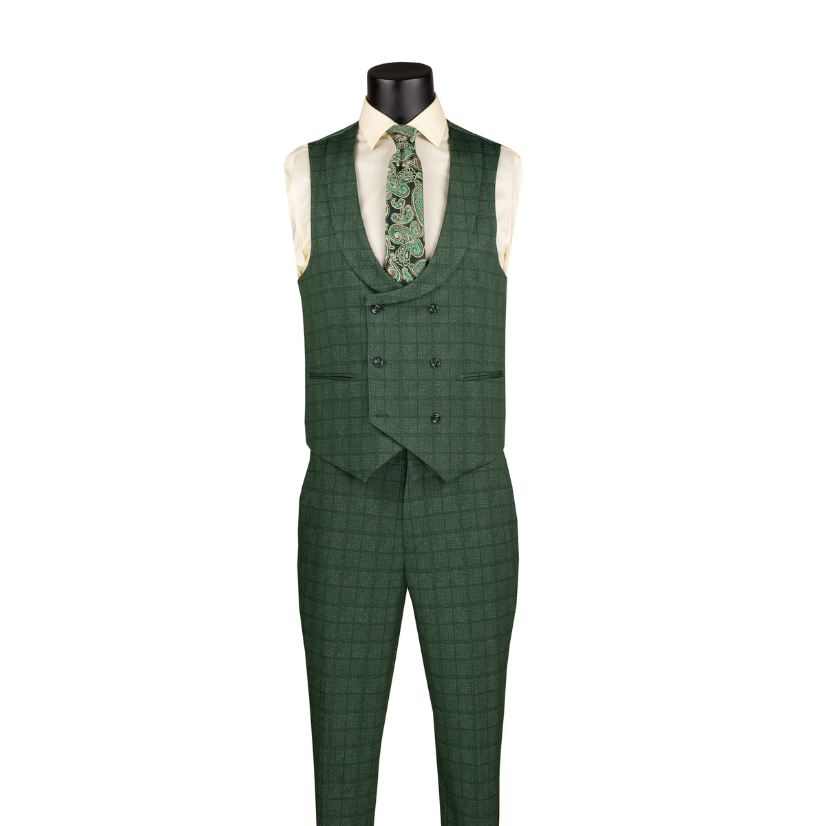Green Glen plaid double-breasted vest with a rounded neckline and matching trousers, front view.