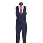 Navy Glen plaid double-breasted vest with a rounded neckline and matching trousers, front view.
