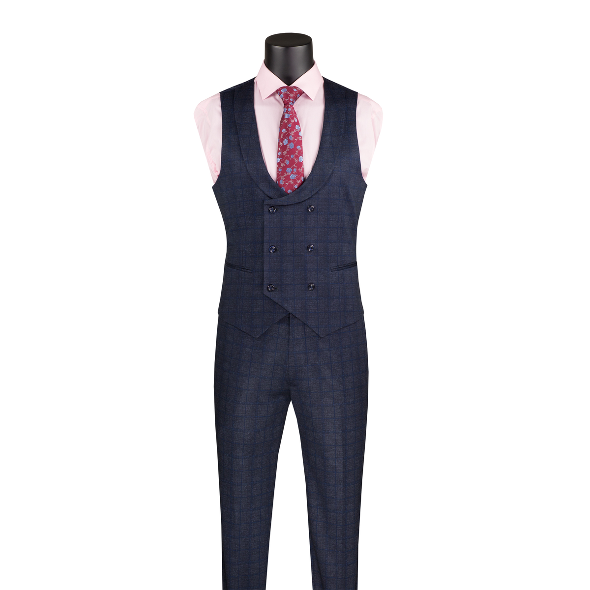 Navy Glen plaid double-breasted vest with a rounded neckline and matching trousers, front view.
