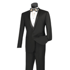 Black tuxedo with narrow satin shawl lapels, a single-button jacket and matching trousers, front view.
