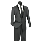 Heather gray tuxedo with narrow black satin shawl lapels and matching trousers, front view.