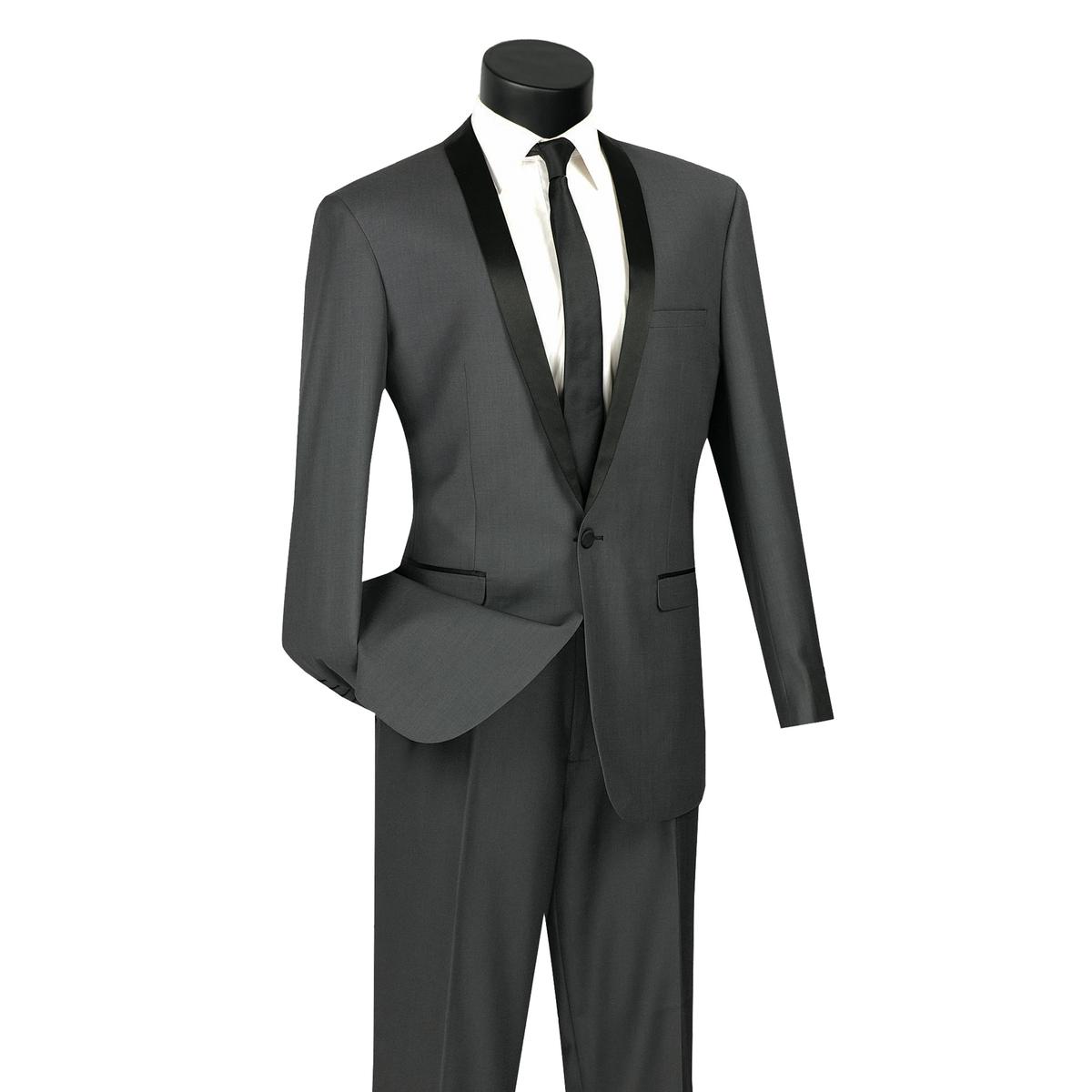 Heather gray tuxedo with narrow black satin shawl lapels and matching trousers, front view.