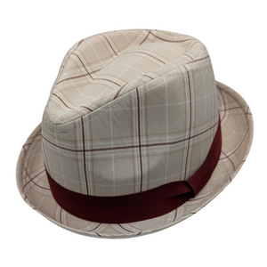 Tan Polyester Plaid Fedora with 1.5 Inch Snap Brim