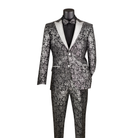 Black and silver floral jacquard tuxedo with contrasting silver shawl lapels and patterned trousers, front view.