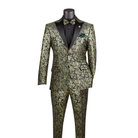 Emerald and gold floral jacquard tuxedo with black shawl lapels and matching patterned trousers, front view.