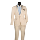 Champagne tuxedo with satin shawl lapels, a single-button jacket and matching trousers, front view.