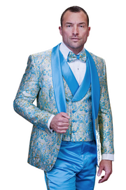 Eclipse Elegance Collection: 3PC Modern Fit Shawl Lapel Tuxedo With Woven Fabric In Turquoise